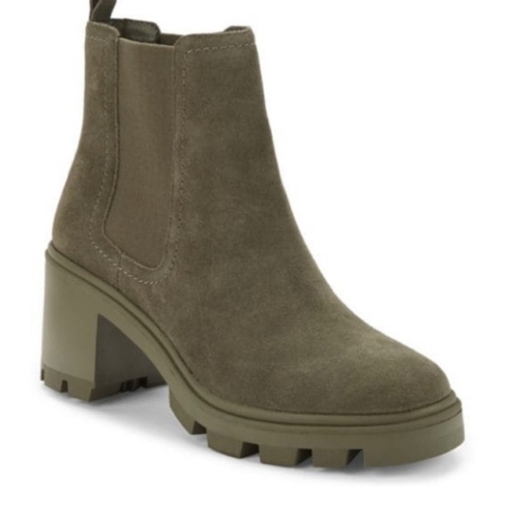 Splendid Melisa Suede Block Heel Bootie Chelsea Boots Stone Gray/ olive Green 9